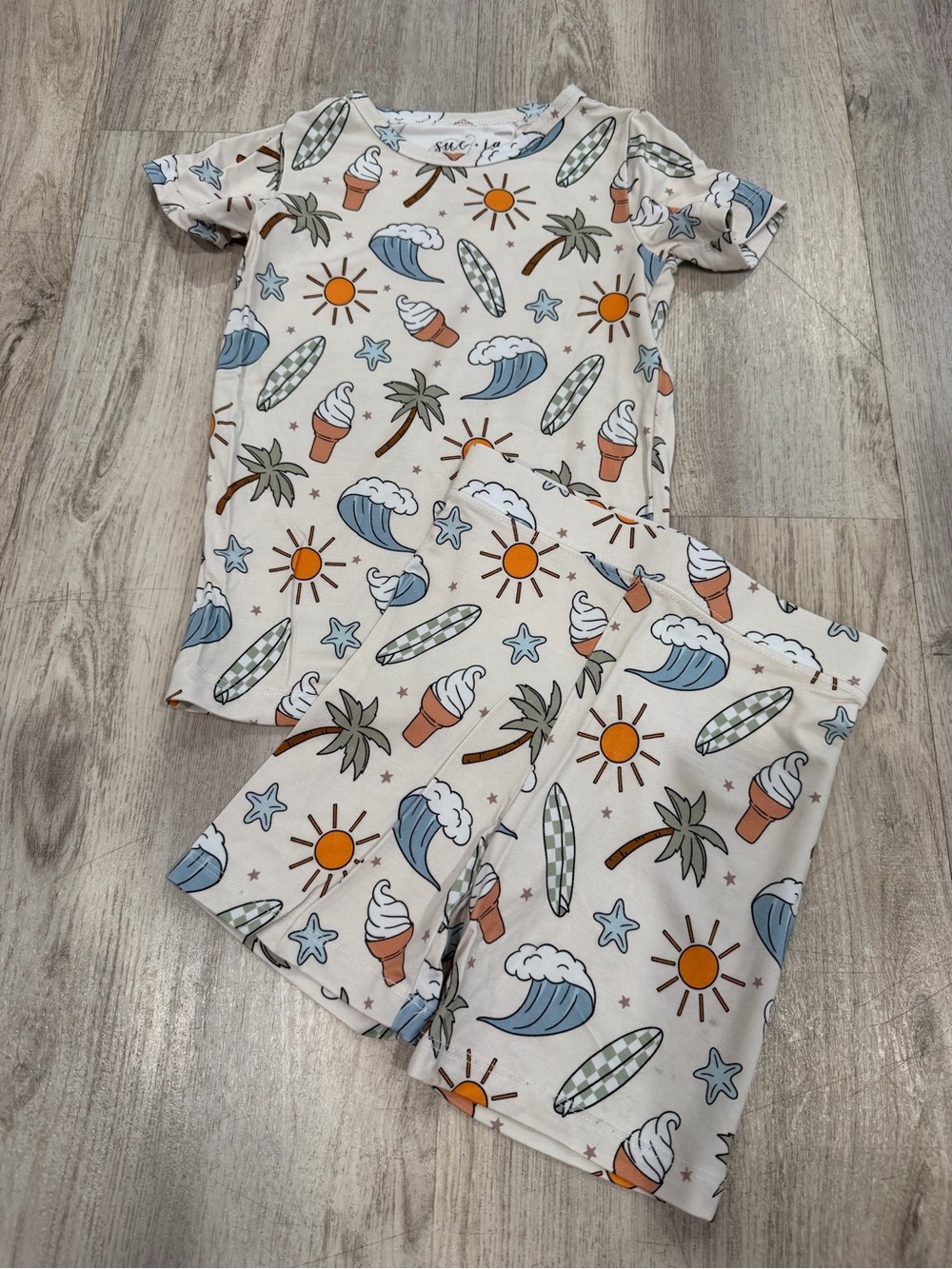 Kids Summer Beach Print Pajama Set - White with Blue & Orange Accents